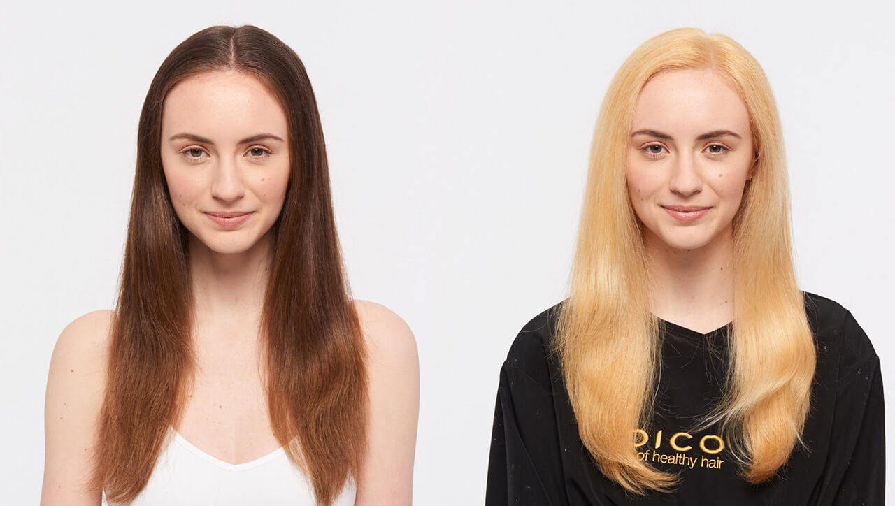 Color Intensity hair color technique melting sunset model before