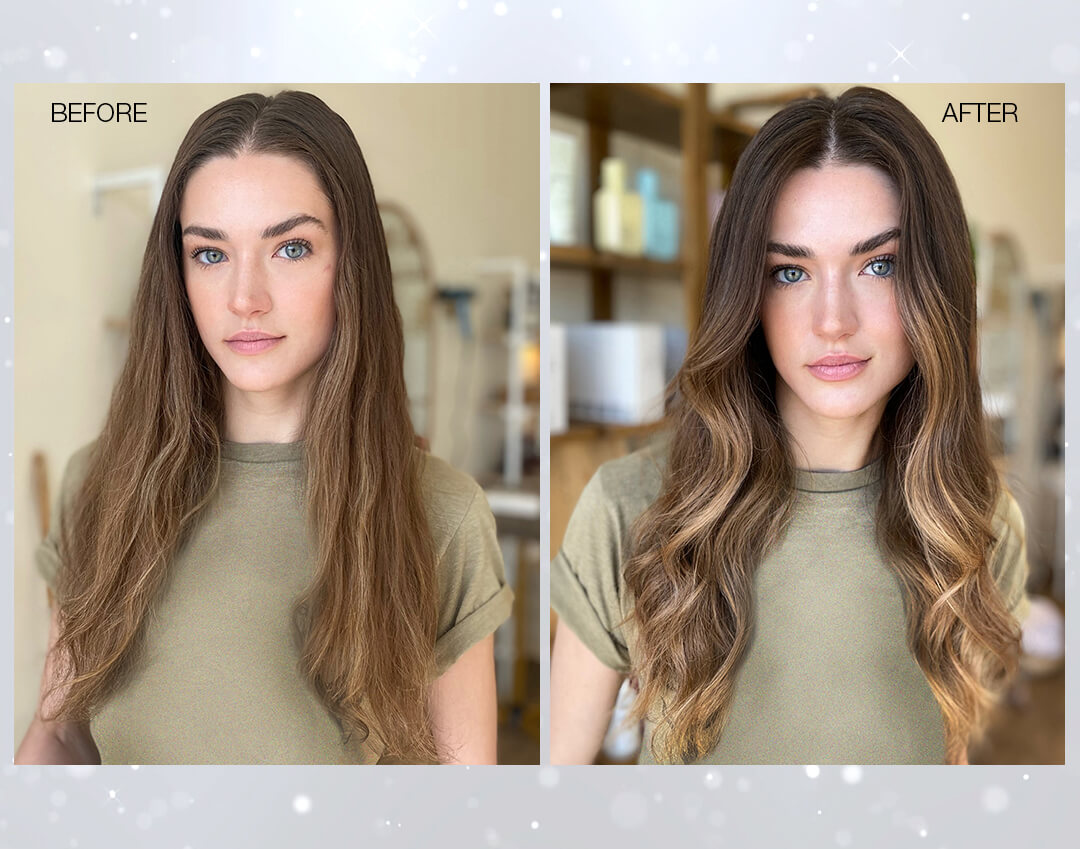 balayage before and after model: The Lumishine Balayage